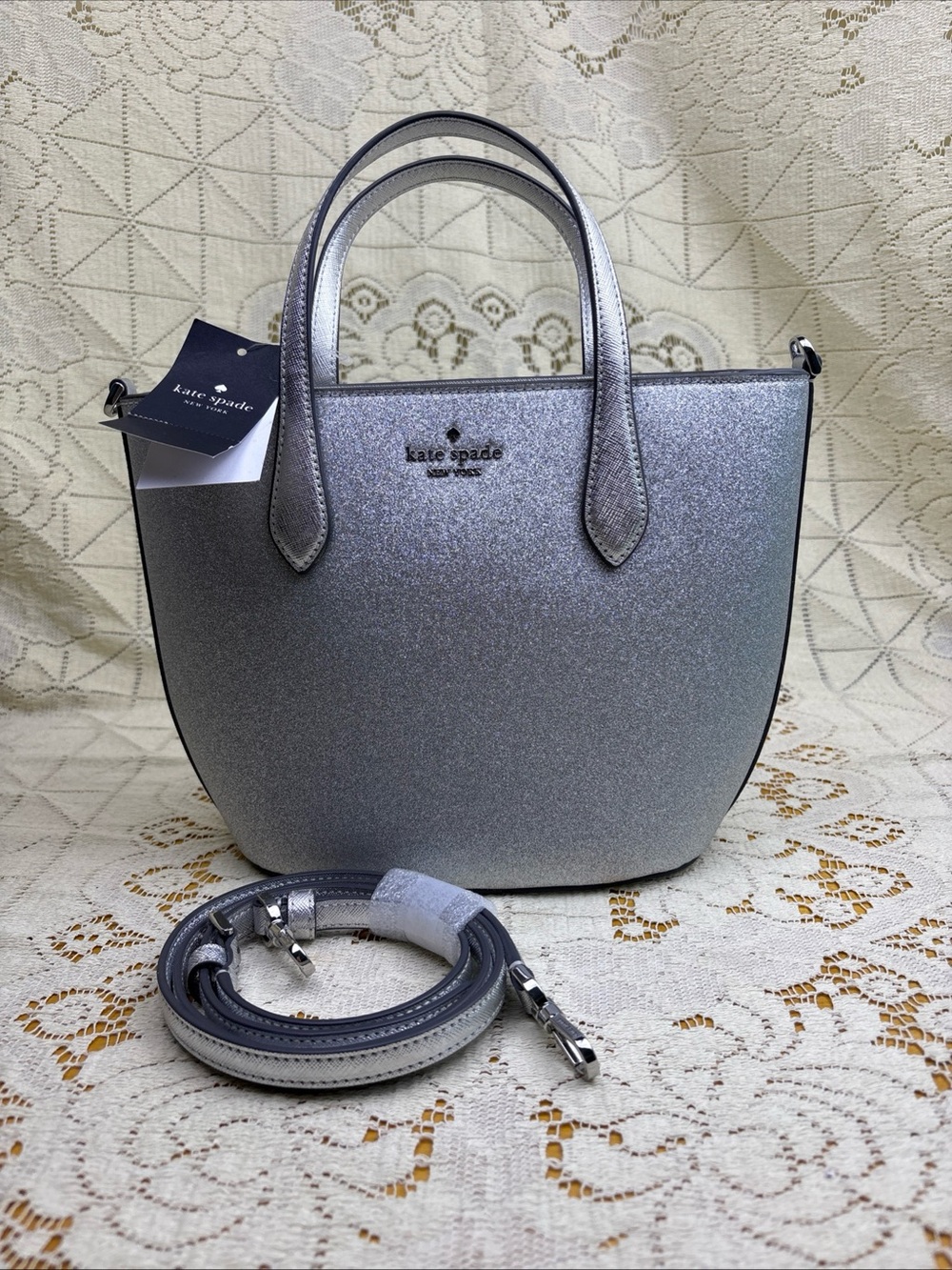 Kate Spade New York Glimmer Shimmering Silver Glitter Satchel Crossbody